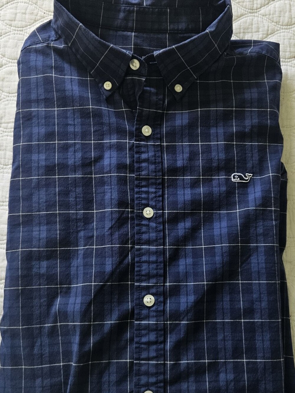 Men's Navy Blue Windowpane Button-Up Shirt: Large